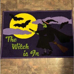 Halloween carpet door mat used Witch flying yellow moon The Witch is in 29"
